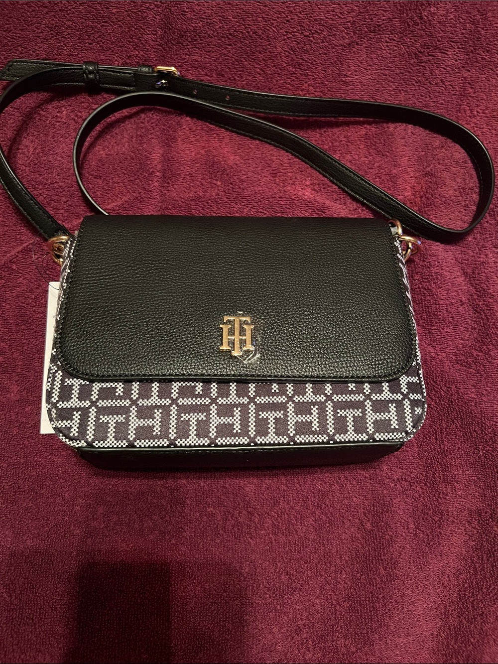Tommy Hilfiger Black Logo-Pattern Crossbody with Gold Hardware